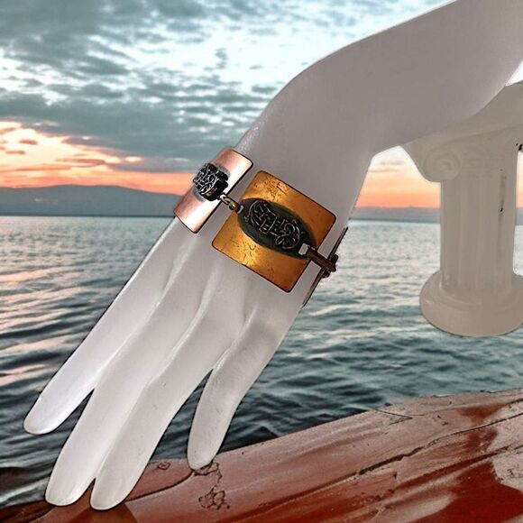 Vintage Copper Bracelet Music Notes Treble Clef Square Panel Links MCM Chunky - Picture 14 of 16